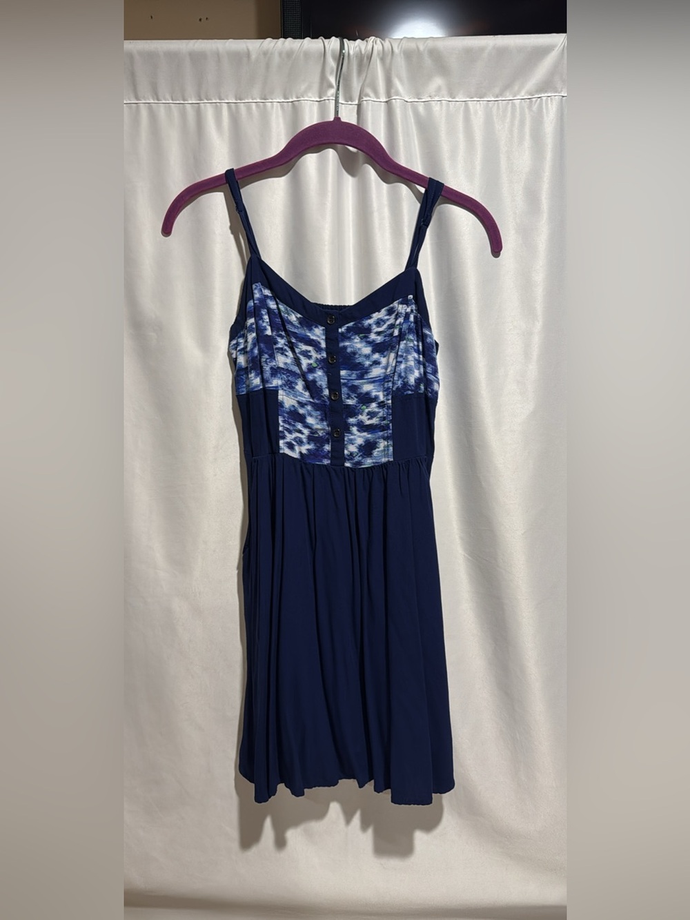 Express Navy Blue Spaghetti-Strap Dress with Printed Bodice